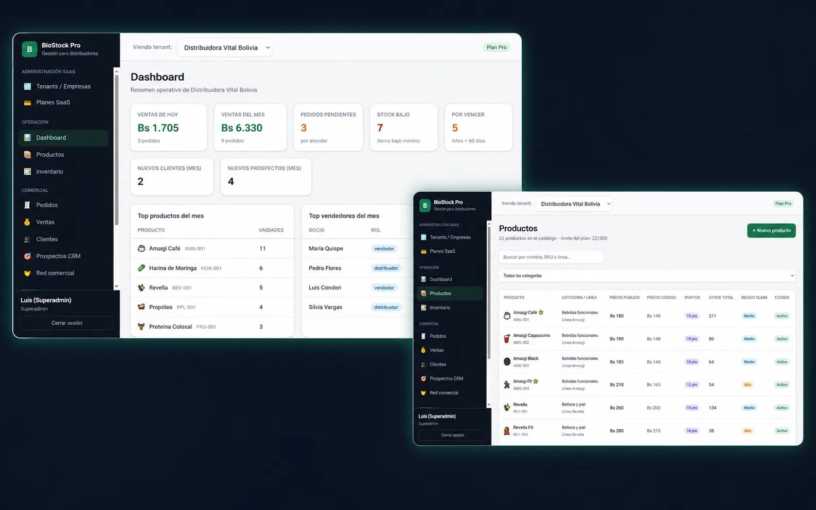 Vista de productos e inventario de BioStock Pro