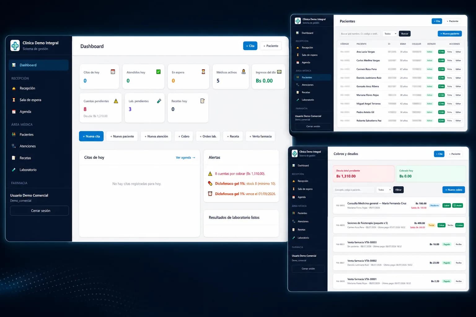 Dashboard del sistema Clínica Demo Integral