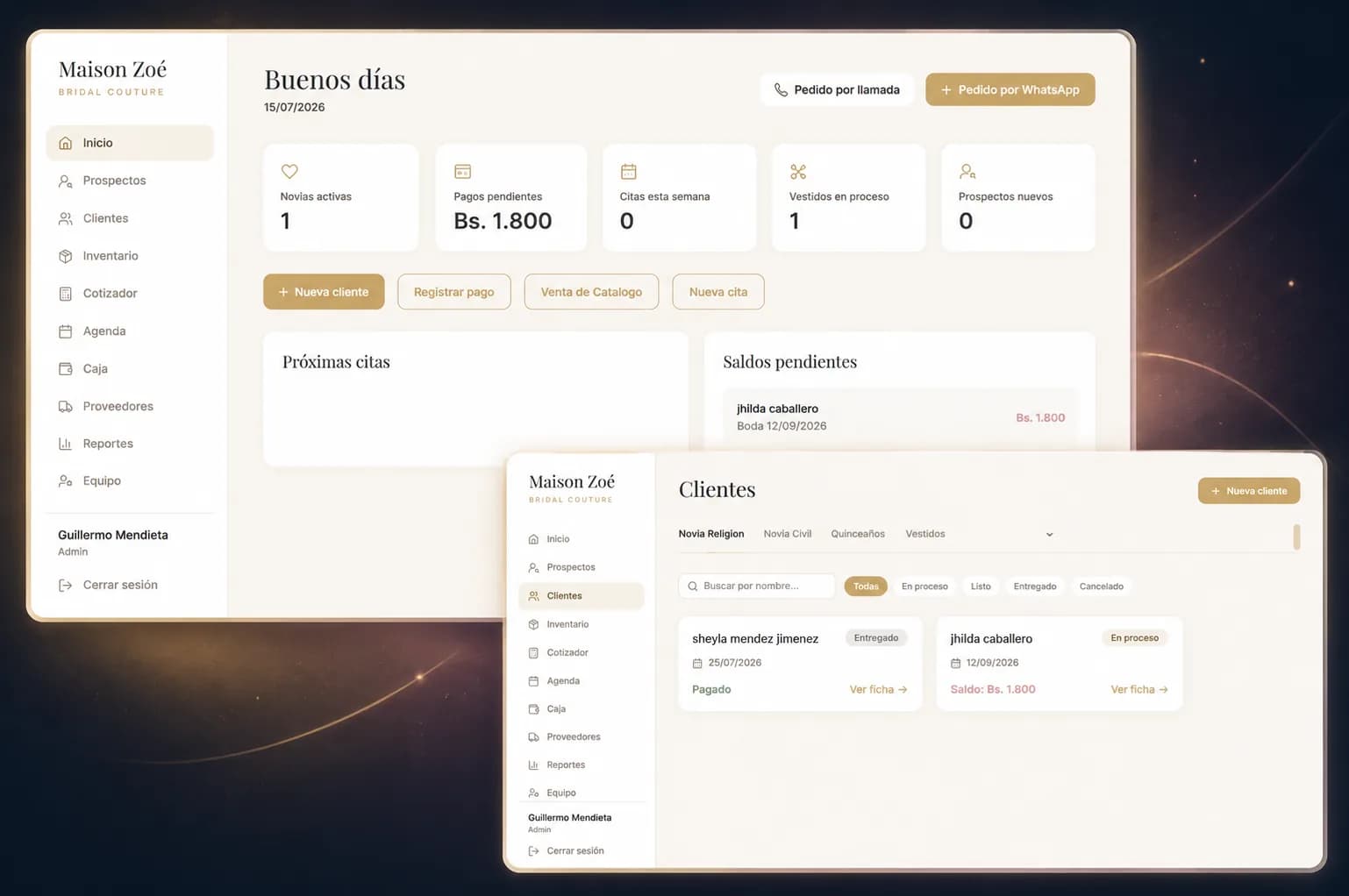 Dashboard del sistema de gestión Maison Zoé Bridal