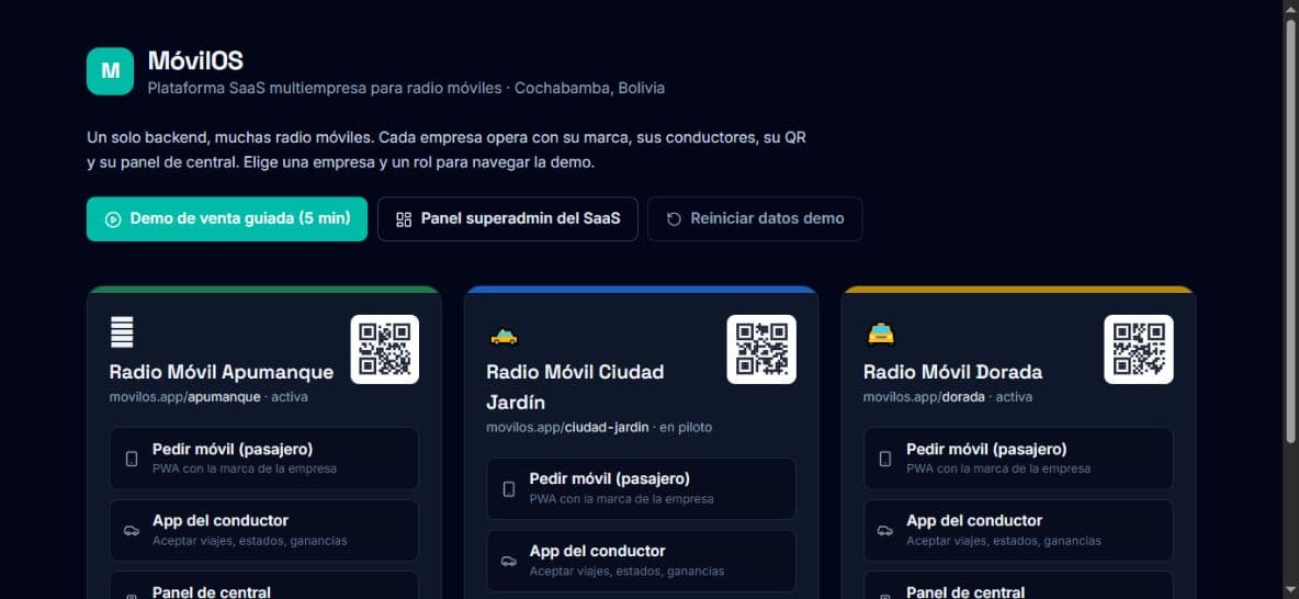 Página de MóvilOS mostrando la plataforma SaaS multiempresa con varias radio móviles operando bajo su propia marca sobre un mismo backend
