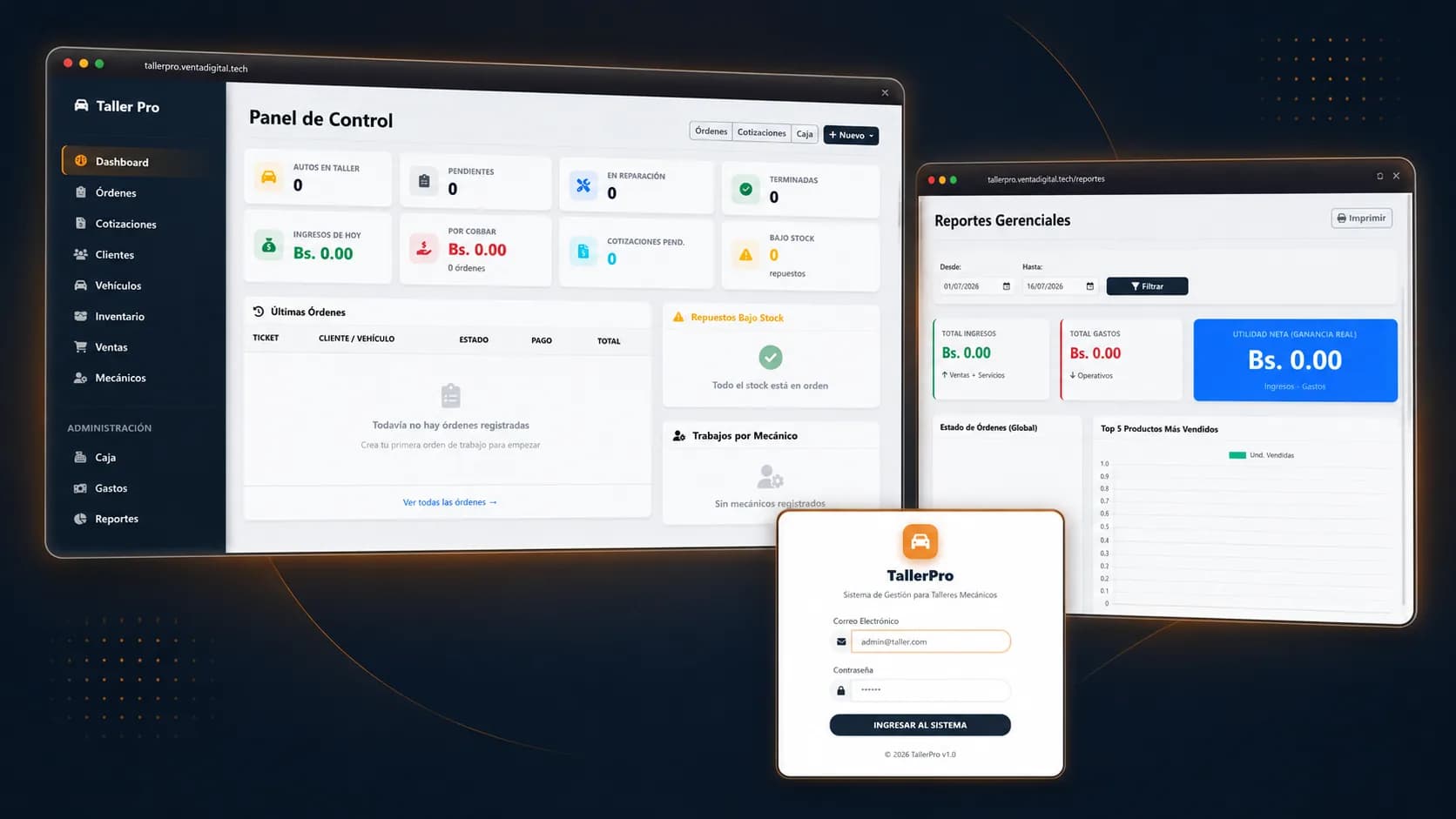 Panel de control, reportes y login del sistema TallerPro