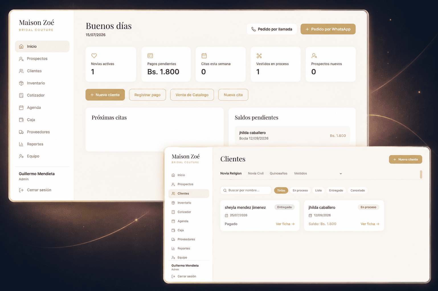 Dashboard del sistema de gestión Maison Zoé Bridal